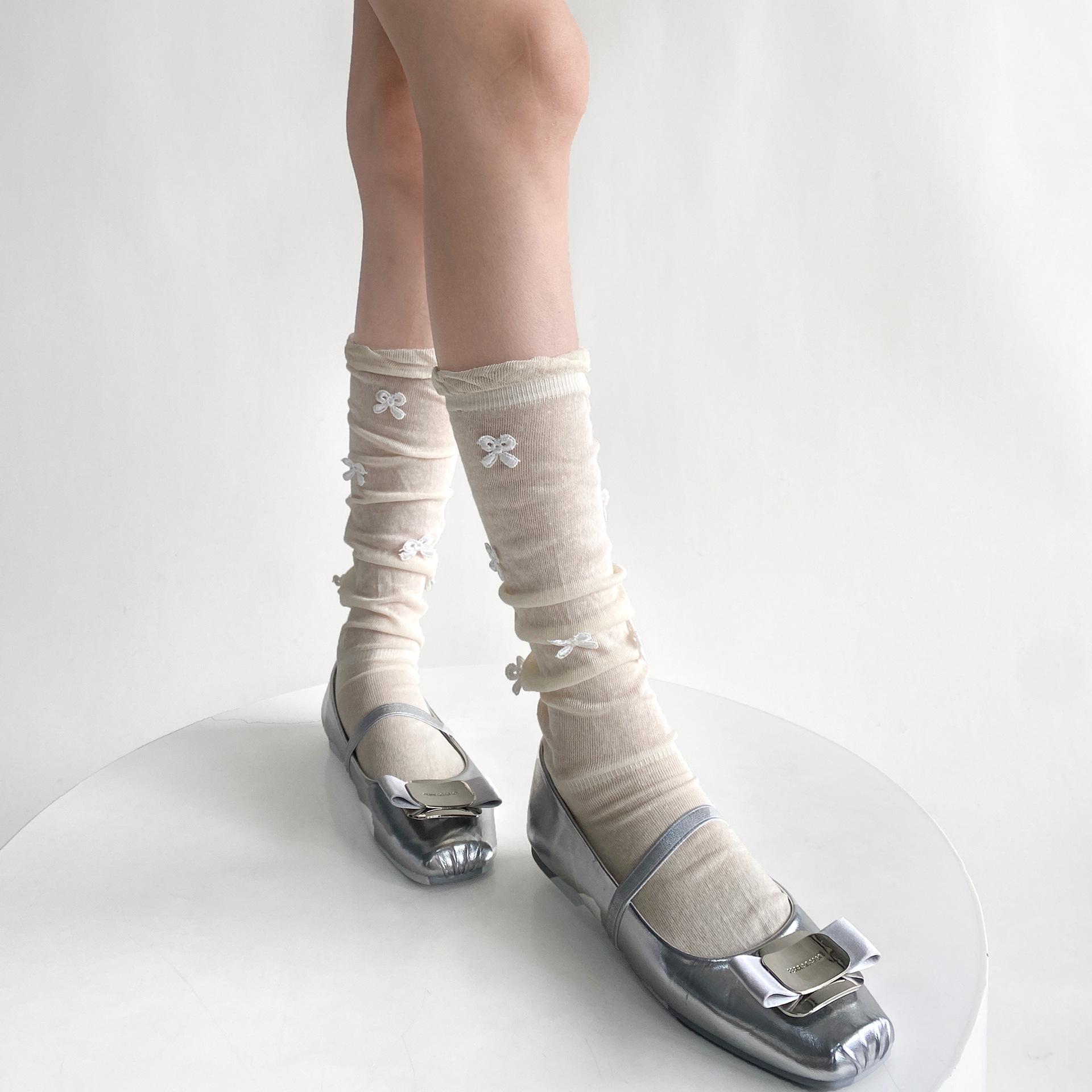 Spring/Summer Korean Miu Style Bow Knit Ruffle Ballet Calf Socks with Bubble Cuffs