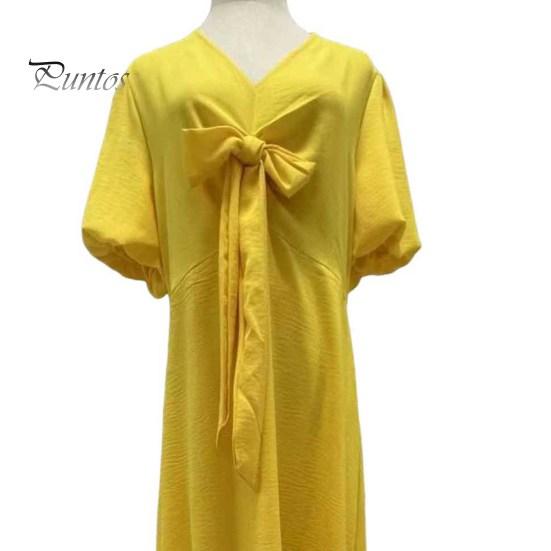 Summer Maxi Dress V Neck Lace-up Waist Bubble Sleeves Solid Color Loose Long Dress for Daily Life Date Work Party