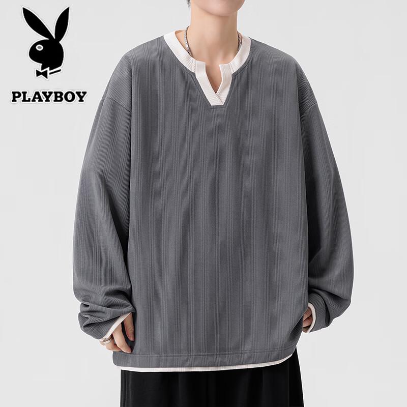PLAYBOY Men's V-Neck Loose Long Sleeve Casual T-Shirt