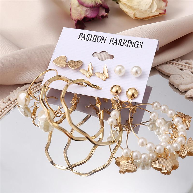 Bohemian Fashion Acrylic Leopard Round Circle Hoop Earrings Set For Women Gold Color Butterfly Pearls Drop Earrings Set Jewelry