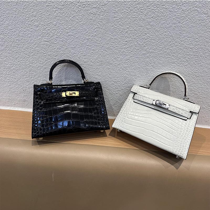 Crocodile Pattern Kelly Bag, Women's New Fashionable and Versatile Second Generation Mini Leather Shoulder Cross Carrying Bag