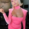Samt Damen Rollkragen Langarm Mini Kleid Gerafft Ausgeschnitten Schulterpolster Bodycon Sexy Club Party Elegant