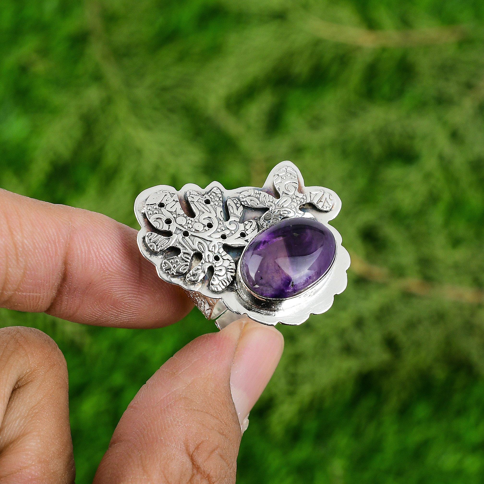 

Womens day Deal Sterling Silver Oval Natural Star Amethyst Boho Solitaire Ring Adjustable