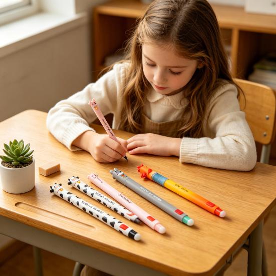 Radierbare Gelstifte mit Bauernhoftiermotiven für Kinder – Niedliche Cartoon-Designs: Kuh, Truthahn, Esel, Schwein – Schreibt sanft und ist leicht zu radieren – Spaß an der Schule