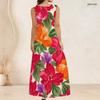 Women Plus Size Scoop Neck Sleeveless Tropical Leaf Printed Green A Line Long Dress
