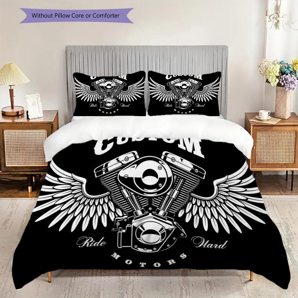 Motorcycle Club Emblem Bedding (1 * Duvet Cover + 2 * Pillowcase, Without Core) 2D Flat Duvet Cover and Pillowcase Bedding Set Soft and Comfortable