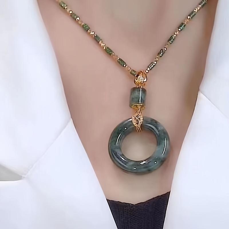 2025 New Retro Bamboo Bead Necklace with Safety Buckle Clasp - Green Resin Chain & Cubic Synthetic Zirconia Pendant, Versatile Collarbone Chain