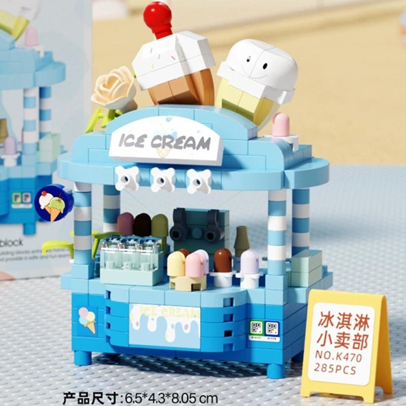 Diy Car Food Hot Dog Cart Truck Ice Cream Store Flower Hamburger Street View Building Blocks Kit Bricks Model Kids Toy Children