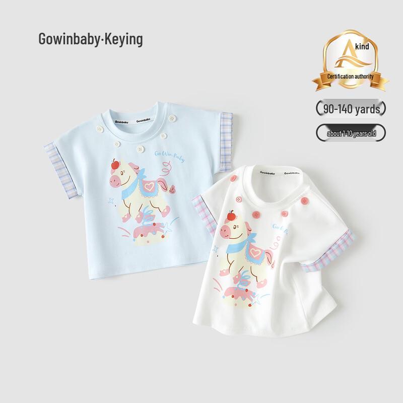 GOWINBABY Girls  Summer Pony Print T-Shirt with Plaid Sleeves 140