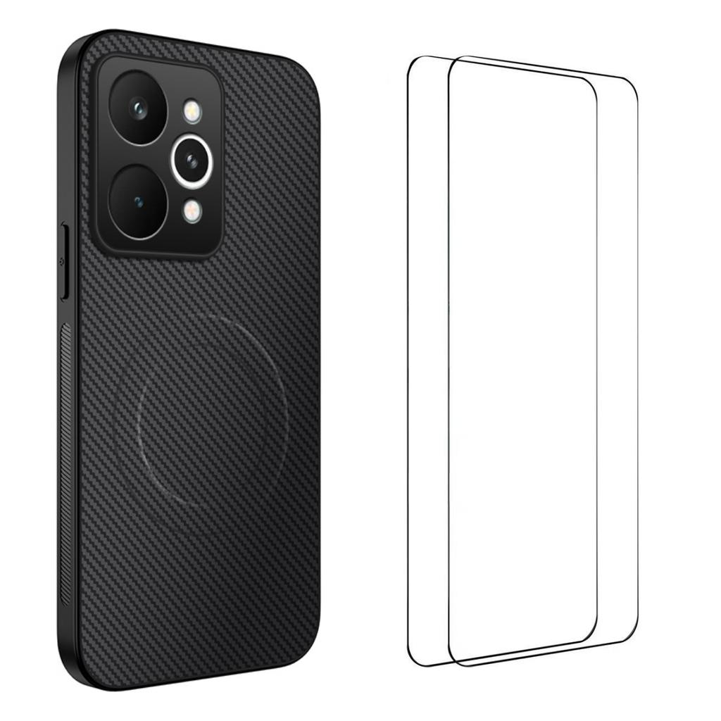 Pour Realme 15 5G Étui Magnétique WANLONFENG Série TQ1 Texture Fibre de Carbone PC TPU Housse de Téléphone avec 2 Pièces Films d'Écran