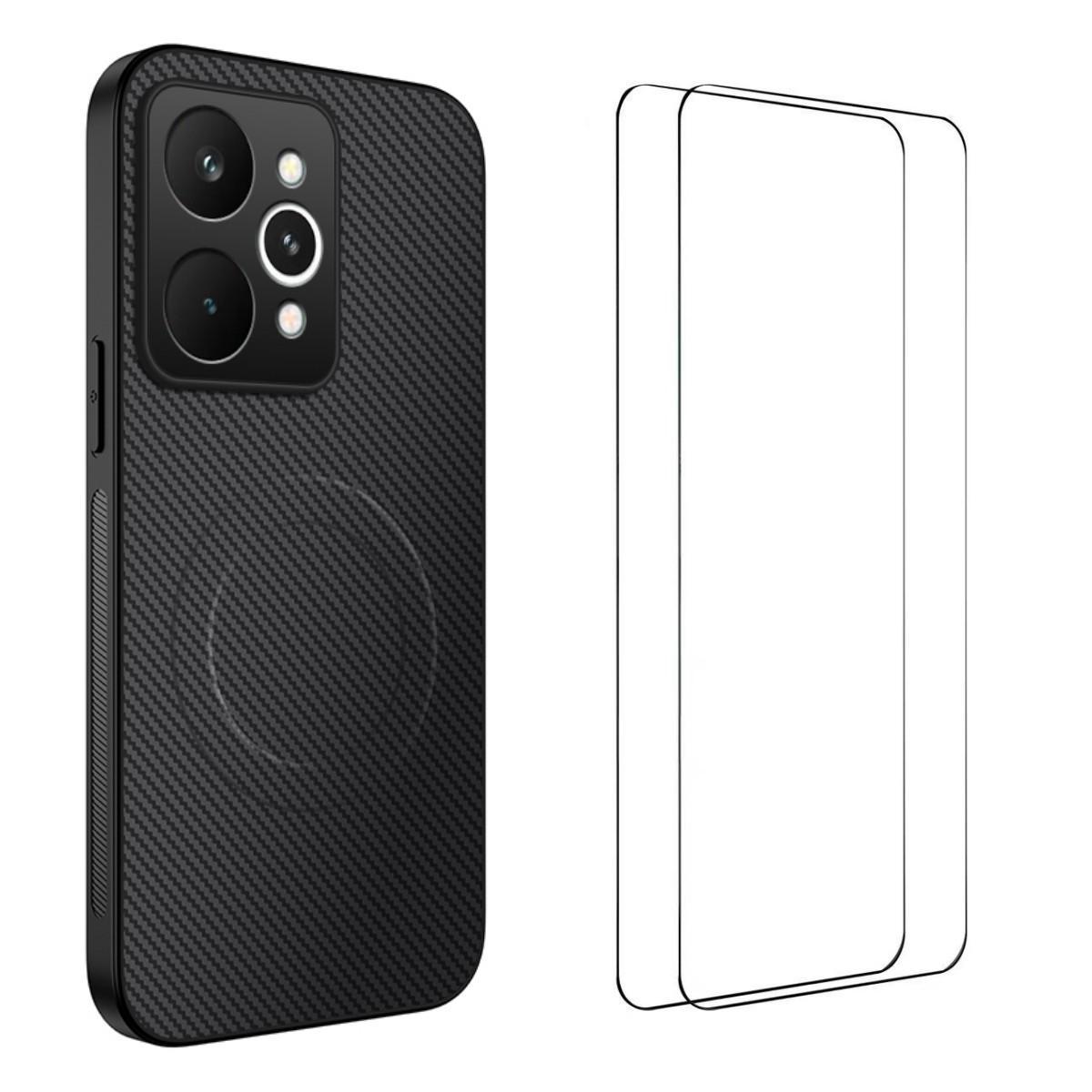 

Для Realme 15 5G Магнитный чехол WANLONFENG Серия TQ1 Текстура углеродного волокна ПК ТПУ Чехол для телефона с 2 шт. Защитными пленками для экрана Black