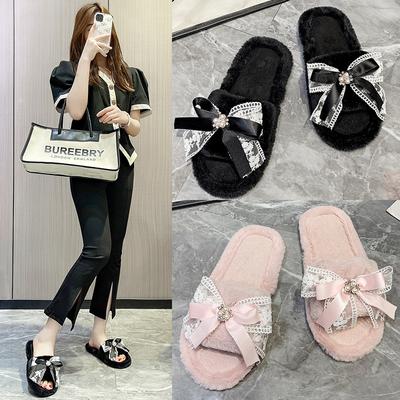 Fashion Female Shoes Low Home Slippers Women's Slides Fashion Fur Flip Flops Flock Butterfly-Knot 2025 Massage Flat Luxury Plush Rubber