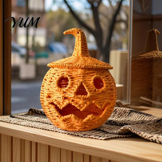 Dekorativer Aufbewahrungskorb für den Herbst, handgewebte Kürbislaterne, Vintage rustikale Halloween-Dekoration, hohles Lächeln, mehrstufige Party-Zubehörteile