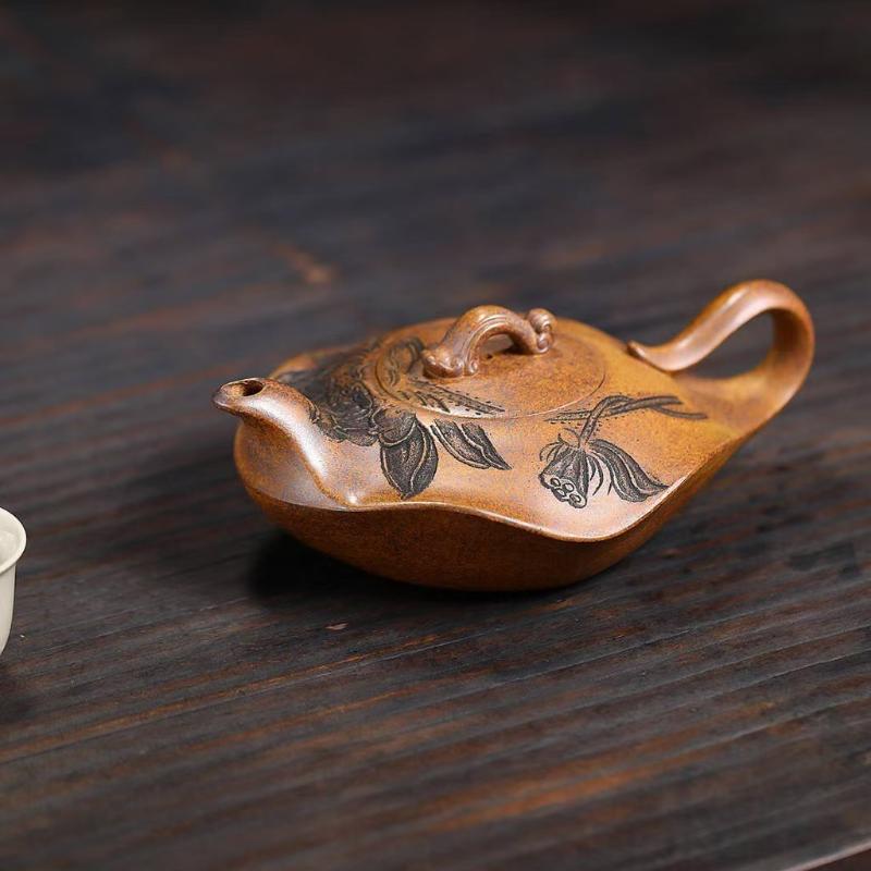 

420ml Ancient Yixing Purple Clay Teapots Handmade Lotus Leaf Pot Raw Ore Keel Gold Sand Mud Kettle Zisha Tea Set Supplies Gift