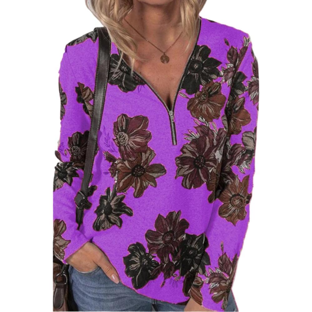 

HNXC Женская мода Повседневная Осень Зима Цветочный Принт Длинный Рукав Воротник Молния Блузки и Рубашки XXXXXL фиолетовый