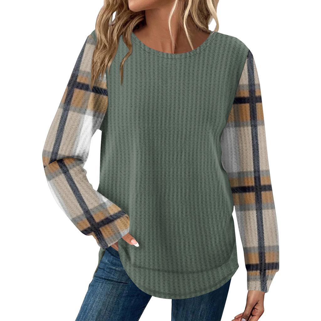 Women's Plaid Print Round Neck Long Sleeve Casual Loose Top