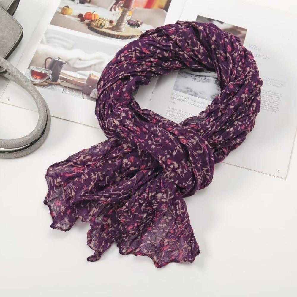 Floral Cotton Linen Scarf Vintage Long Shawl Wrap Fashion Pleated Printed Scarf  For Autumn Winter