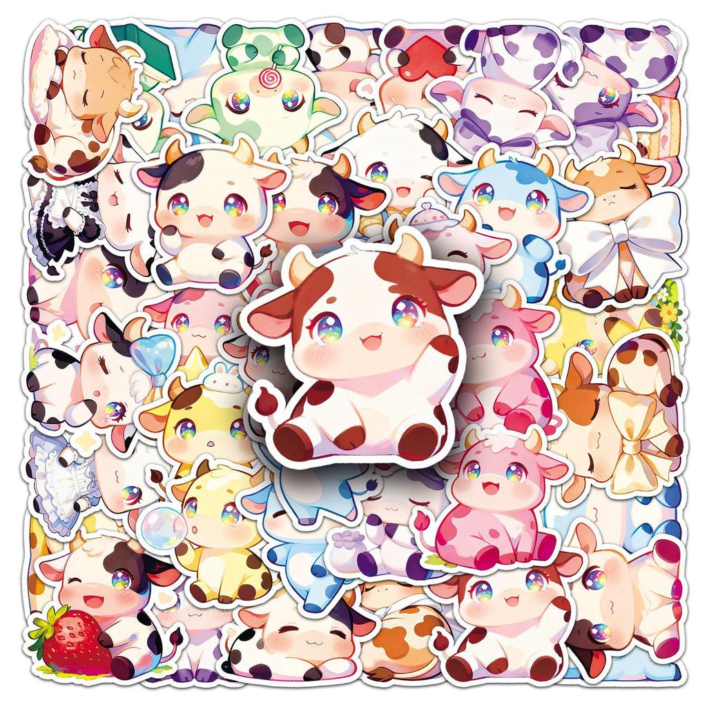 50 Cartoon Cow Stickers: Kawaii Cute Animals, Waterproof for DIY Guitar, Water Bottle, Journal, and Headphone Decor.