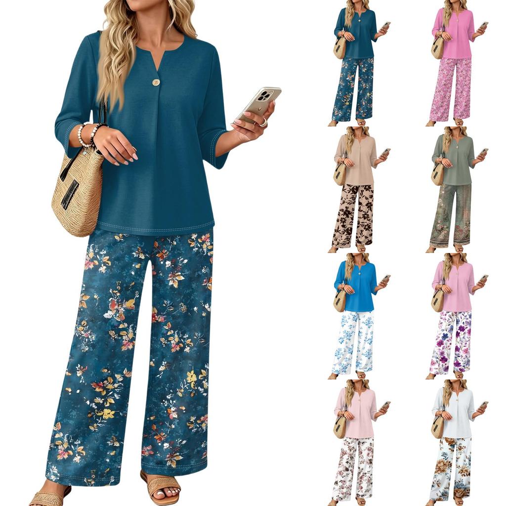Women's Casual Printed Three-Quarter Sleeve Button Top and Wide Leg Pants 2-Piece Outfit Set
