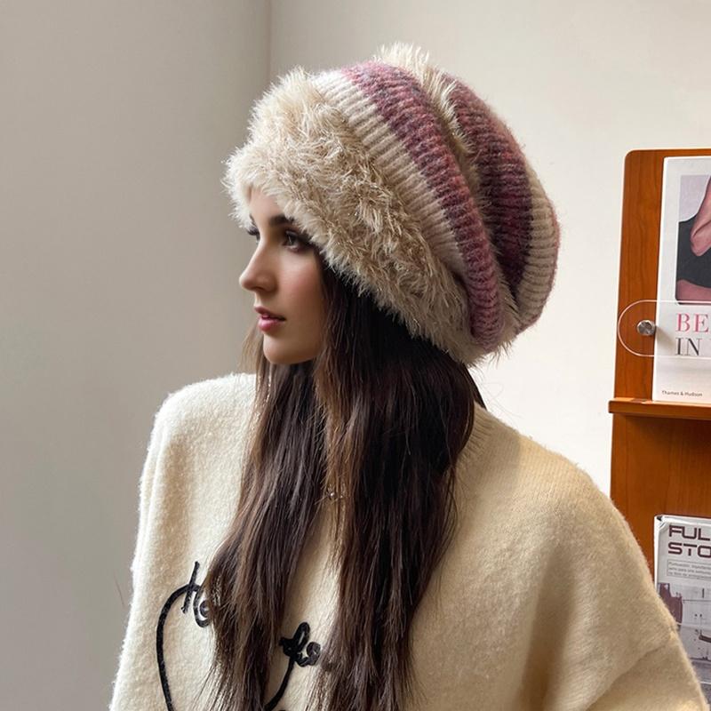 1PC Color Block Elegant Pile Hat Versatile Knitted Fashion High Stretch Warmth Brimless Lightweight Plush Slouchy Hats Multi-Color