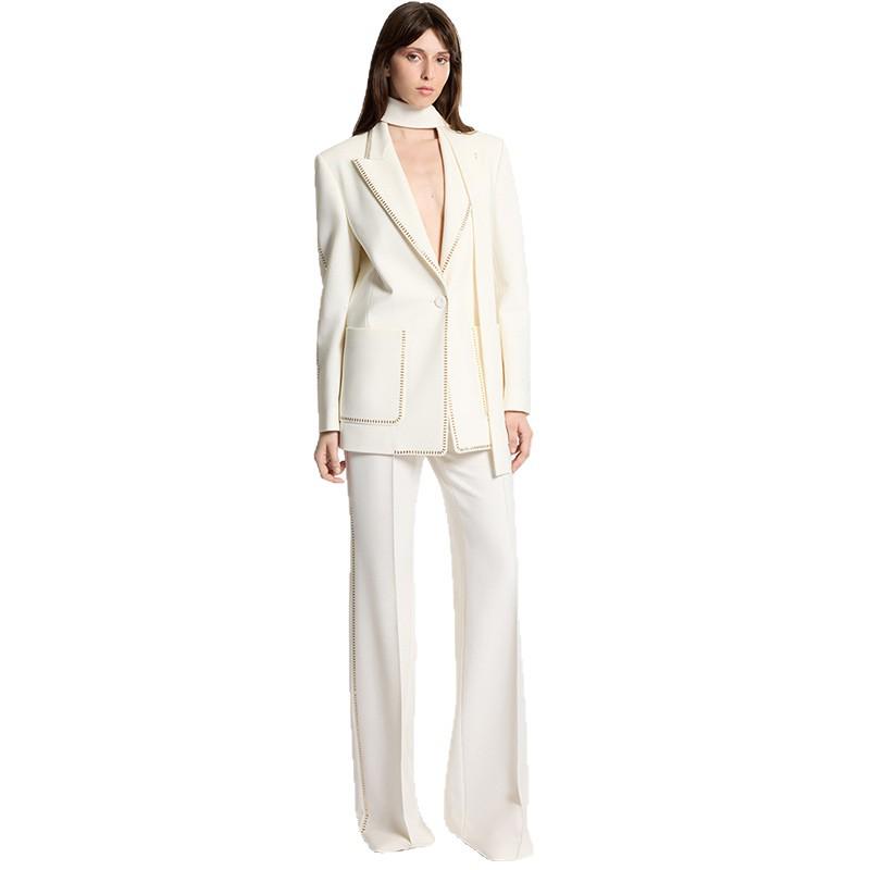 2026 High Street Spring Fashion: Rhinestone Suit Jacket & Trousers Scarf Set for Women