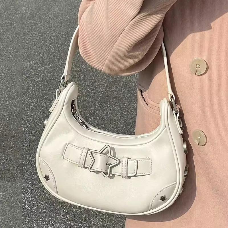 Vintage Casual Cute White Star Shoulder Underarm Tote Bag Ladies Sling Bags Leather Zip Purses Handbags For Women