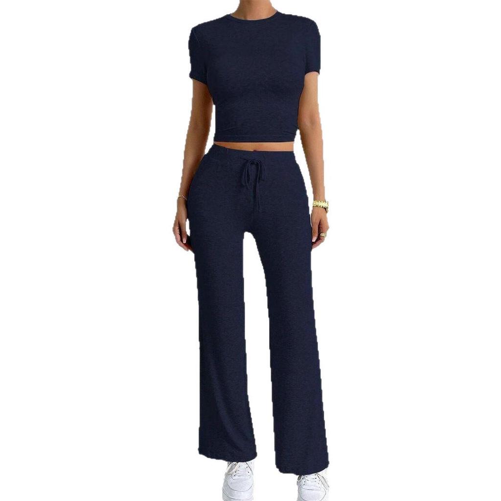 Spring 2026 Women's Solid Color Casual Two-Piece Set - Short Sleeve Top & Long Pants