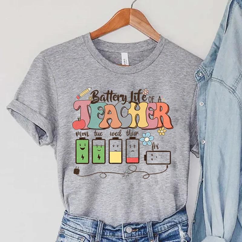 Battery Life of Teacher Print T Shirt Women Summer Tshirt Casual Female Tees for Lady Short Sleeve Kpop Y2k Tops Harajuku