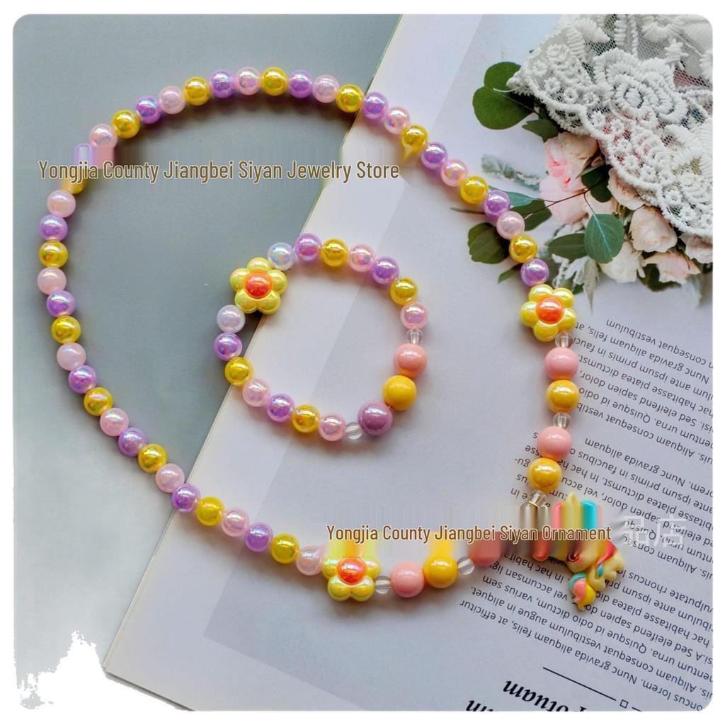 Kids' Colorful Candy Bead Necklace & Bracelet Set with Flower & Unicorn Design