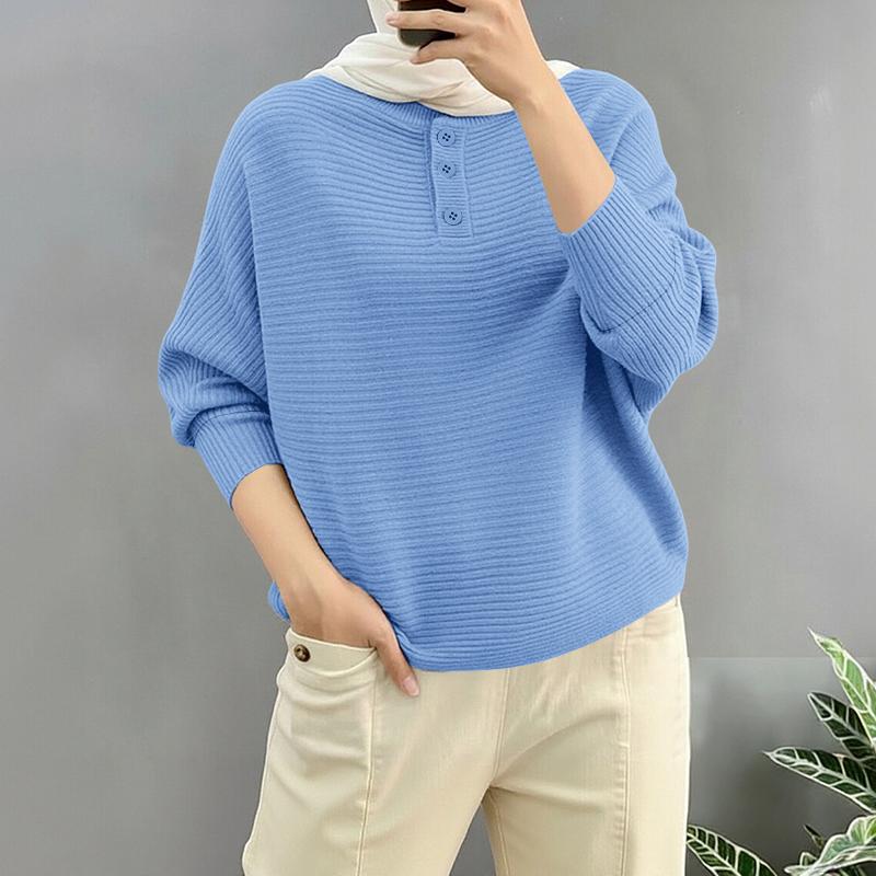 ZANZEA Women Casual Round Neck Long Sleeve Loose Muslim Retro Blouse S синий