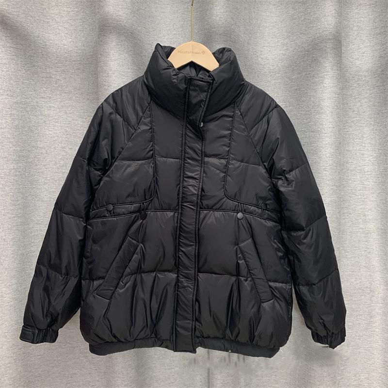 Femei, toamnă iarnă, jachetă albă din puf de rață, haină căptușită, guler scurt, mânecă completă, buzunar cu fermoar, vrac, îngroșare, culoare solidă