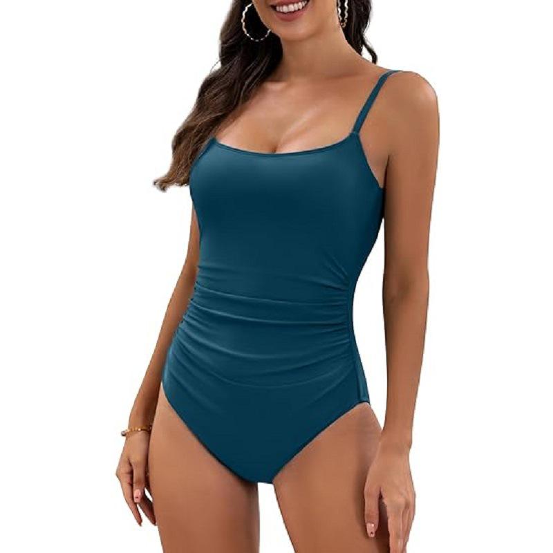 European and American Pleated Solid Color Sexy One-Piece Swimsuit for Women