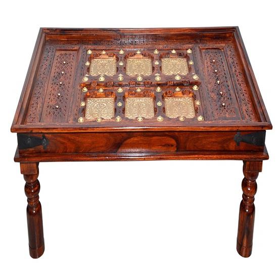 Antiker Messing-Mor-Patda-Design-Massivholztisch mit Glasplatte, Mitteltisch, Gartentisch, Wohnzimmer