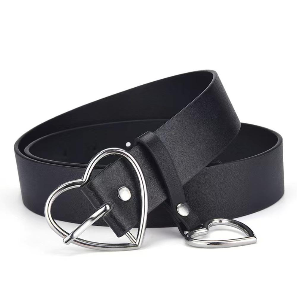 Fashionable Creative Women's Harajuku Heart-Shaped Buckle Belt with Detachable Pink Heart Pendant and Black Pu Strap
