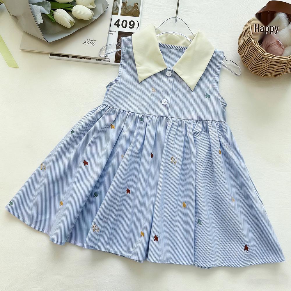 Girls' Summer 2026 Striped Sleeveless Princess Dress with Lapel