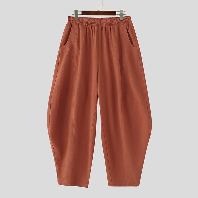 INCERUN Men Elastic Waist Cotton Linen Casual Solid Color Drop-crotch Pants Lantern Trousers