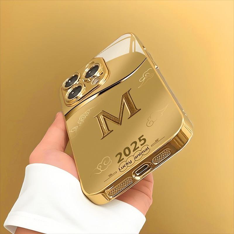 Simple Letter M Print Gold Metallic Paint Glass Phone Case For iPhone 17 16 15 14 13 12 Pro Max 14 15 Plus 17 Air 16E Cover