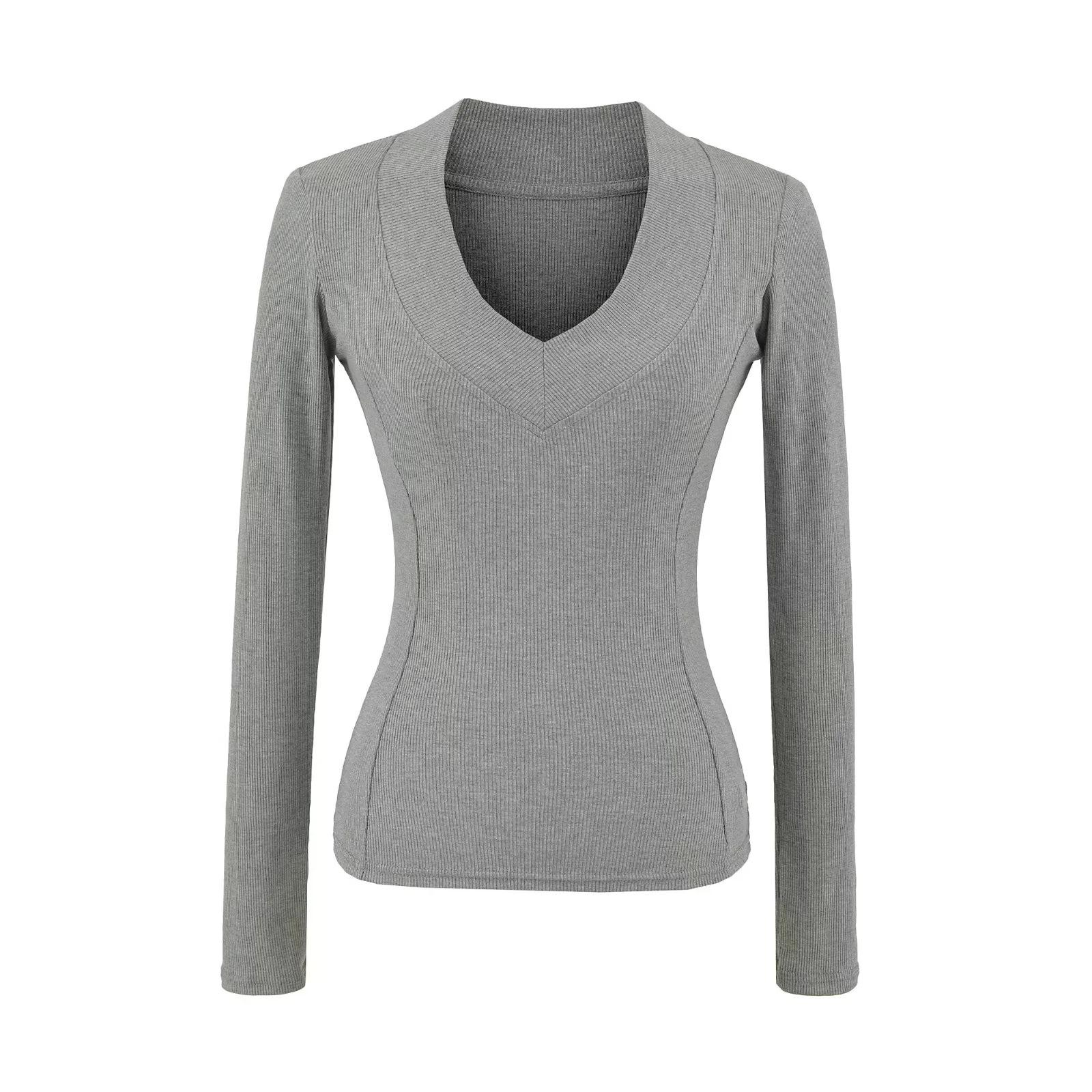 

American Spicy Girl Deep V-Neck Long Sleeve Crop Top: Women s Slimming Waist, Regular Shoulder T-shirt for Autumn/Winter Small сірий колір