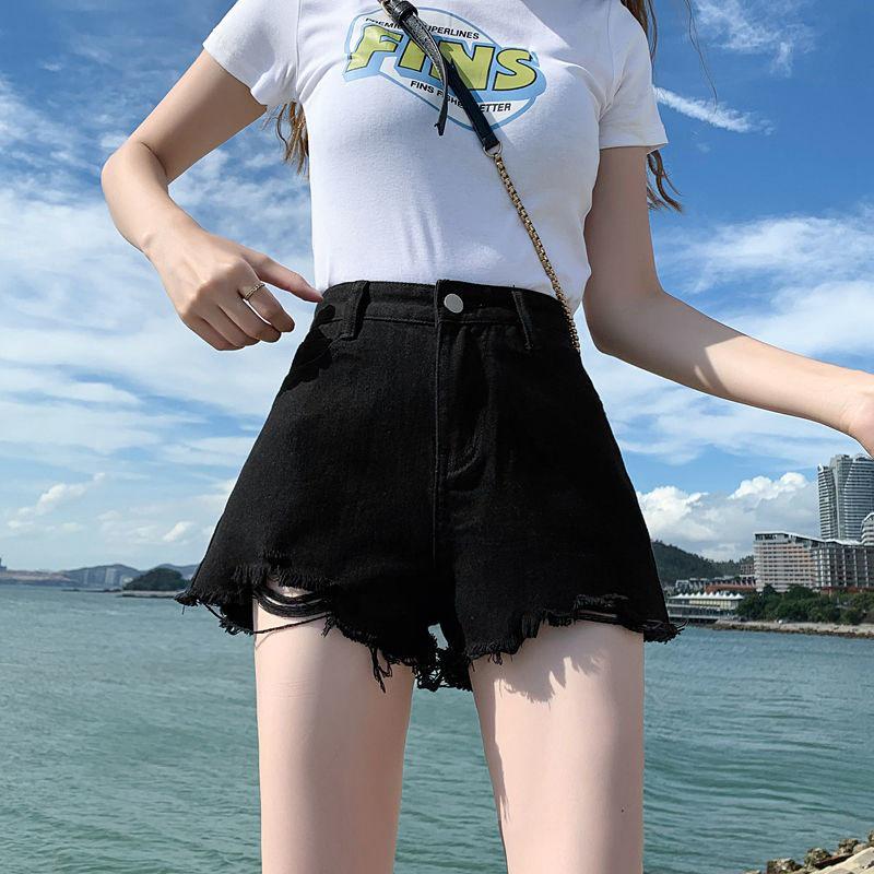 Women's Summer 2022 Ripped A-line Denim Shorts - Loose Fit, Raw Edge, Trendy Hot Girl Style