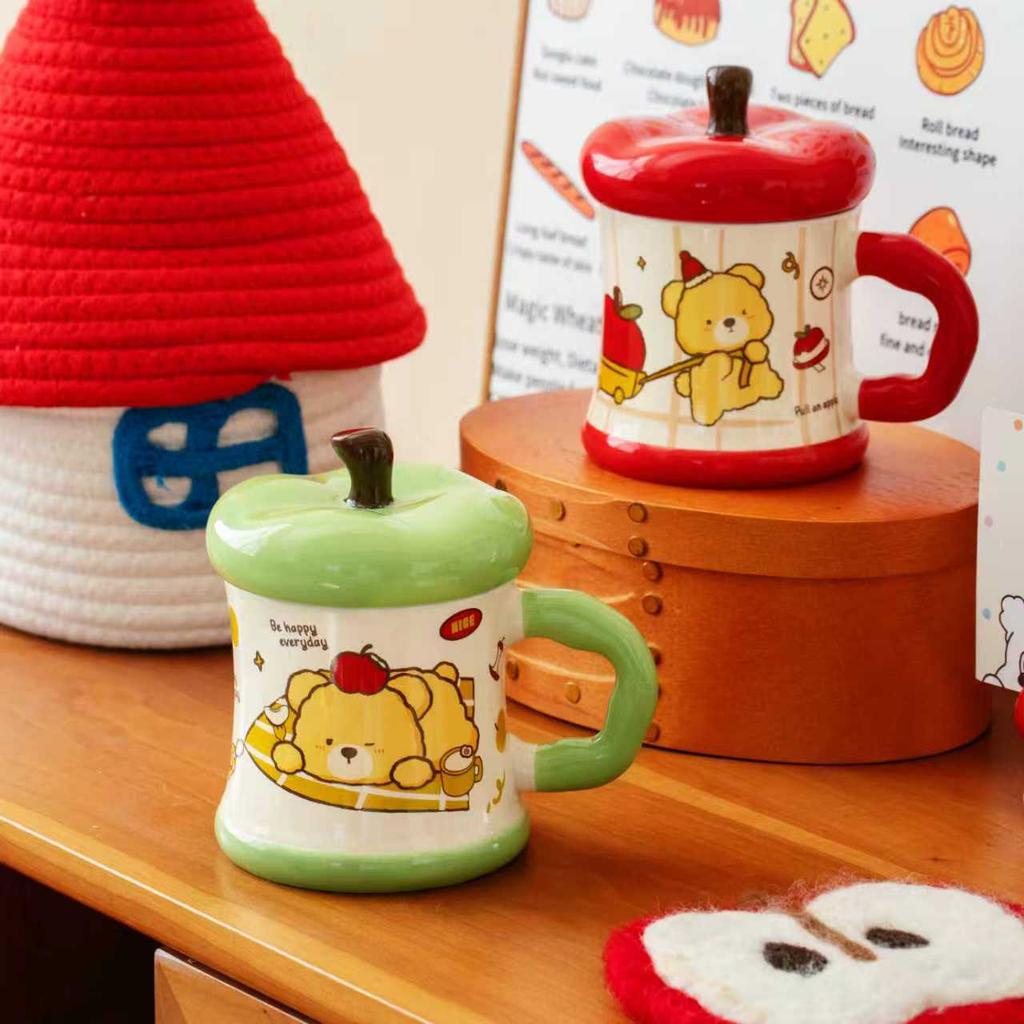 Creative Covered Ceramic Cup Apple Bear Mug Love Lover Souvenir Set Large Capacity Water Cup with Handle
