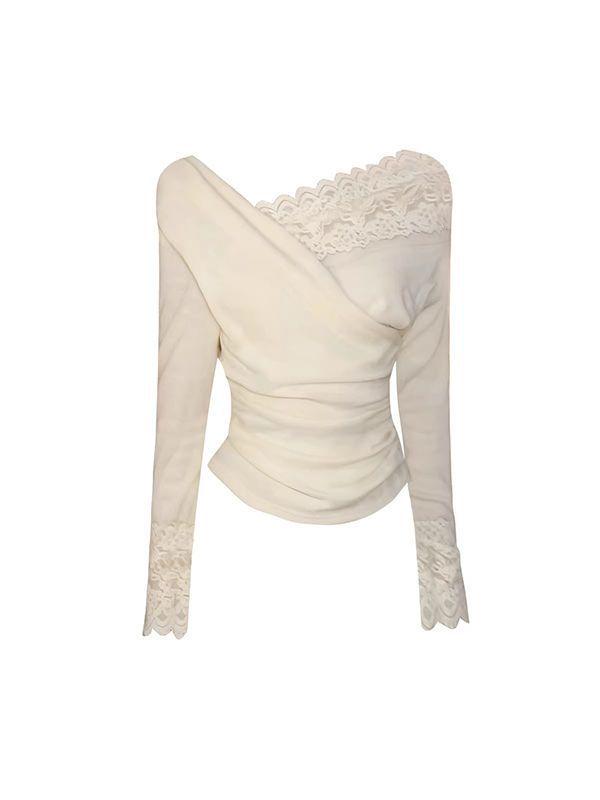 Spicy Girl Lace Patchwork Slim-Fit Waist-Cinched Long-Sleeve T-Shirt for Autumn/Winter