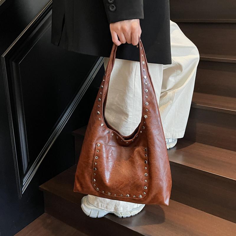 Women's Retro Rivet Solid Color Commuting Travel Shopping Tote Bag Versatile Large Capacity Shoulder Bag CLE