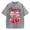Pink Bow Cherry Prints Washed TShirts Womens Cotton Oversized Tops Distressed ONeck Comfortable T Shirts Summer Woman Clothes