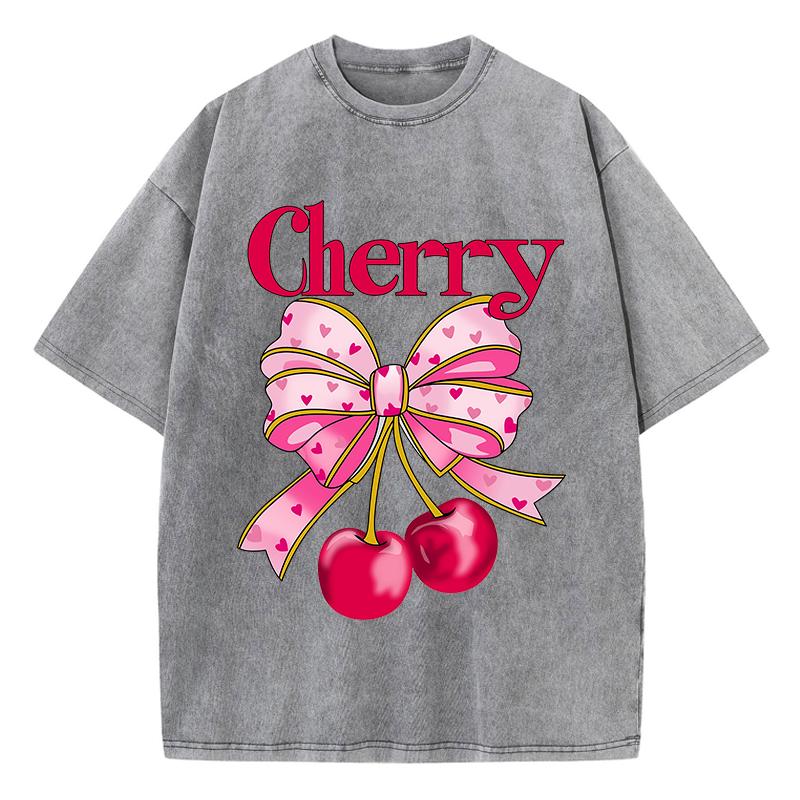 Pink Bow Cherry Prints Washed TShirts Womens Cotton Oversized Tops Distressed ONeck Comfortable T Shirts Summer Woman Clothes