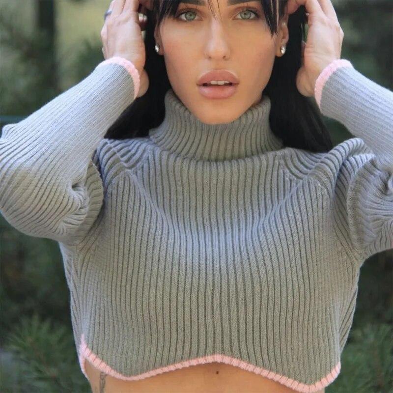Fashion Turtleneck Irregular Hem Women Short Sweater Autumn Winter Long Sleeve Knitted Pullover Tops Elegant Sueter Mujer 30568