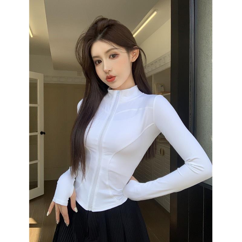 Spring Summer Slim Fit Crop Women Korean Wild Sports Fitness Long Sleeve Coat Women Y2K Streetwear Zipper Up T Shirt