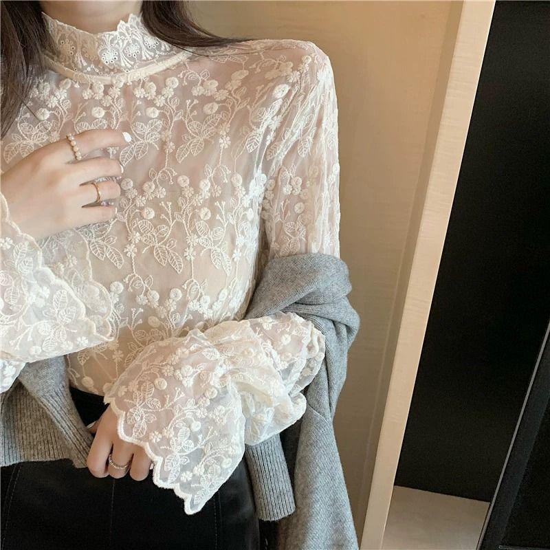 Lace Undershirt Women's Stand-Collar Autumn Winter Sweater Inner Wear Stylish Mesh Flared Sleeve Long-Sleeve Lace Top