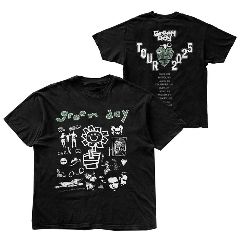 New Green Day Band Illustration Fun Music Album American Retro Punk Loose Mens and Womens Printed Tshirt