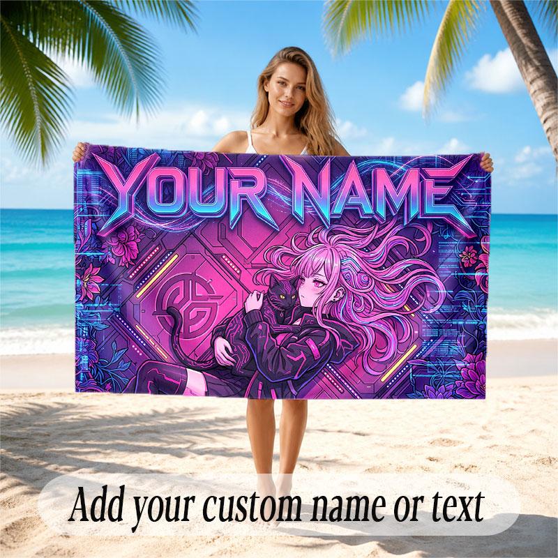 City Cyberpunk Theme Soft Beach Towel Personalized Custom Name Text Towel Portable for Beach Pool Travel