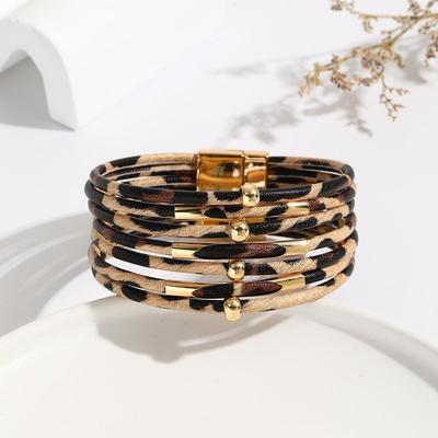 Leopard Print Magnetic Buckle Women's Leather Bracelet with Copper Tube Beads